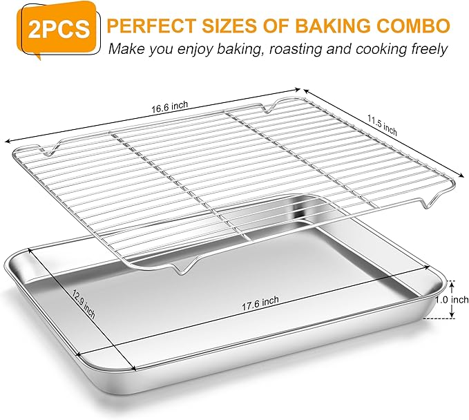 Homikit Baking Half Sheet with Rack (1 Pan + 1 Rack), 18" x 13" Stainless Steel Cookie Sheets for Baking, Metal Bacon Tray with Wire Cooling Rack for Oven Cooking Roasting, Nonstick& Dishwasher Safe
