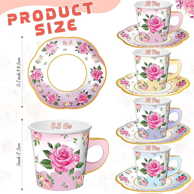 Umigy 60 Sets Spring Tea Party Decorations 6.5 oz Floral Paper Teacups & Saucer Set for Girls Women Afternoon Tea Parties Mothers Day Bridal Shower Wedding Birthday Party Decorations(Gradient Color)