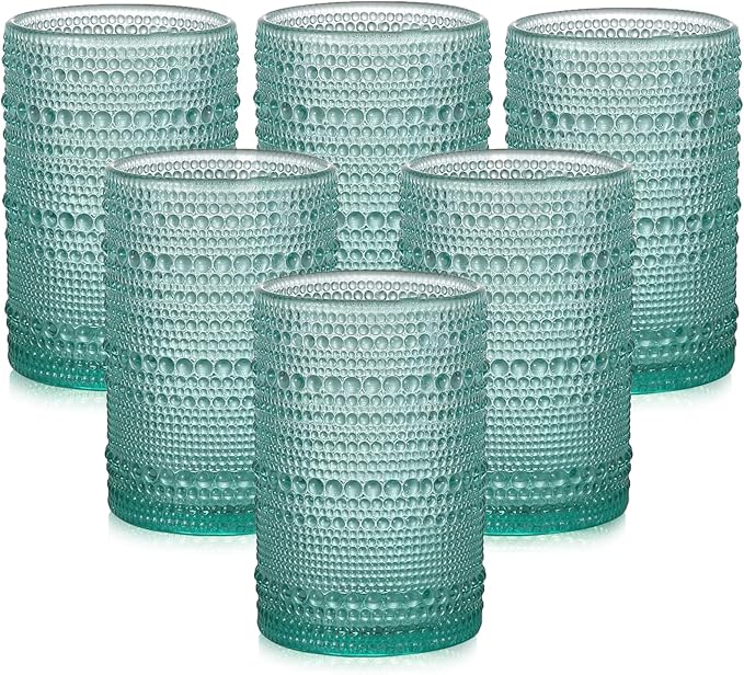 Vintage Glassware Drinking Glasses Set of 6,15 oz Hobnail Glass Cups,Embossed Lake Blue Water Tumbler,for Beer,Cocktail,Whiskey,Juice and Various Mixed Drinks- 1 Cleaning Brush