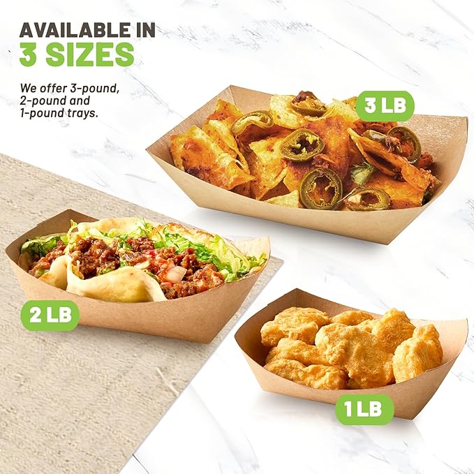 3 Lb Paper Food Trays - 100 Pack Disposable Nacho Trays, Kraft Paper Food Boats Taco Holders Party Serving Baskets for Hot Dogs Snacks Tacos Fries