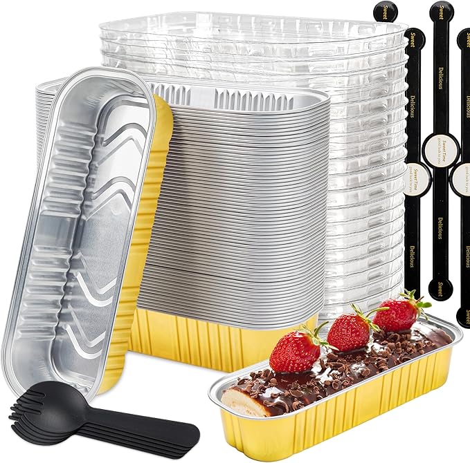 50 Pack Mini Loaf Pans with Lids Rectangle Individual Cake Pans Aluminum Foil Pans for Large Gatherings Picnics Vacations Parties(Gold, 6.8 OZ)