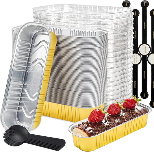 50 Pack Mini Loaf Pans with Lids Rectangle Individual Cake Pans Aluminum Foil Pans for Large Gatherings Picnics Vacations Parties(Gold, 6.8 OZ)