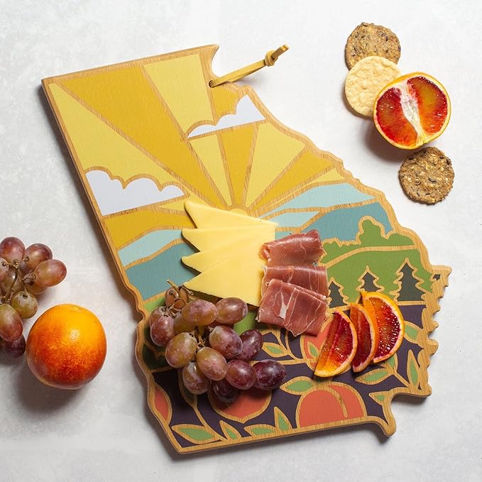 Totally Bamboo Georgia State Shaped Cutting Board and Charcuterie Serving Platter with Artwork by Summer Stokes, Includes Hang Tie for Wall Display 11-3/4" x 13-1/4" x 5/8"