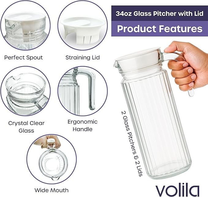 Glass Pitcher with Lid – 2 Pack 34 oz Glass Water Pitcher with Handle, Ribbed Glass Container with Lid and Vented Spout for Fridge Shelf, Iced Tea, Lemonade, Juice