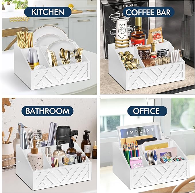 Paper Plate Dispenser, Paper Plate Holder for Kitchen Counter, Wood Rustic Silverware Utensil Caddy, Cutlery Flatware Organizer Box for Cups Spoons Forks Plates Napkins, Kitchen Accessories