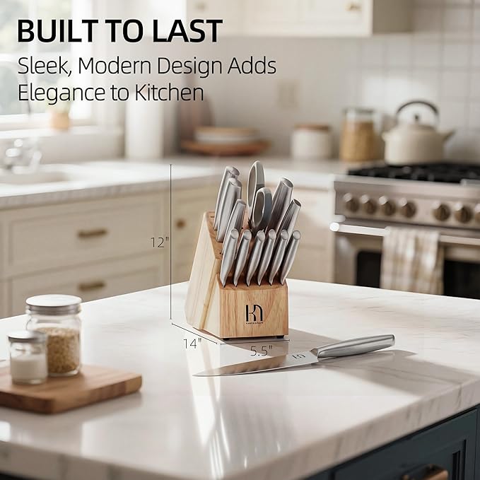 Knife Set, Premium Knife Block Set for Kitchen 14 Pcs UltraSharp Japanese High Carbon Stainless Steel with Block and Built-in Sharpener, Kitchen Knives Set with Non-serrated Steak Knives