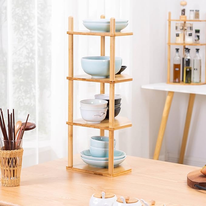 4 Tier Expandable Bamboo Corner Shelf - Dish/Plate Organizer for Cabinet, Kitchen Counter Shelf & Small Kitchen Shelf, Adjustable (1, 4Tier-6.7" H)