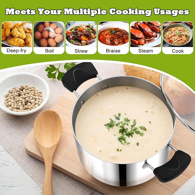 5 Quart 3-Ply Cooking Stock Pot with Lid, P&P CHEF Stainless Steel Large Pot for Pasta Soup, Work on Multi Stove, Heavy Duty & Dishwasher Safe, Dual Heat-resistant Handles & Transparent Glass Lid