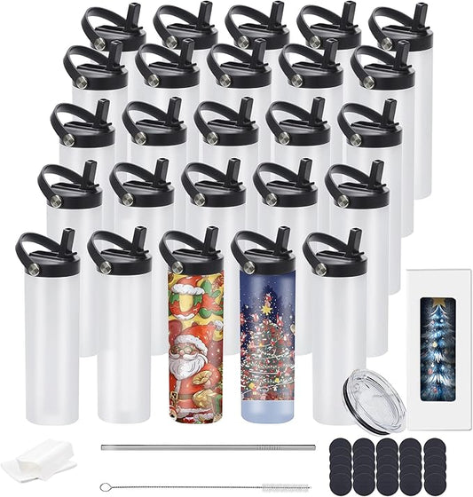 20oz sublimation sport tumblers blanks ，flat edge sublimation tumblers，double wall stainless steel insulted cup，for Heat Transfer, White (25, with flex handle lid)