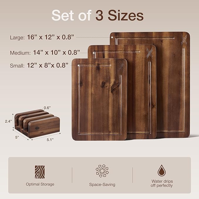 Acacia Wood Cutting Board Set of 3 with Stand - Thick Wooden Chopping Boards with Deep Juice Grooves - Non-Slip & Durable Wooden Boards for Meat & Vegetables (16x12, 14x10, 12x8) - Walnut