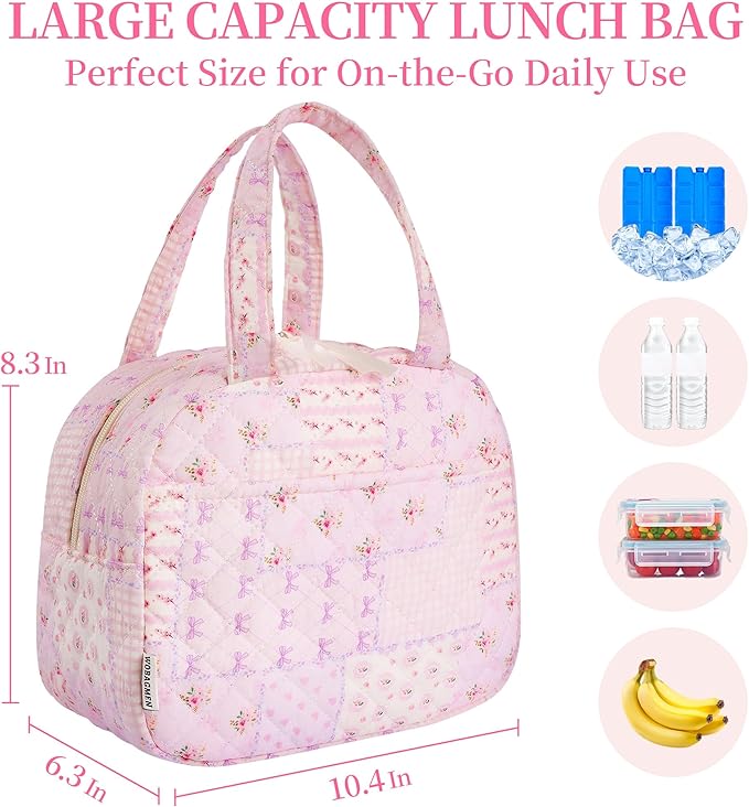 Quilted Lunch Box for Women,Coquette Aesthetic Lunch Box for Teen Girls,Cute Floral Lunch Bags for Work, School,Office,Picnic,Travel (purple pin)