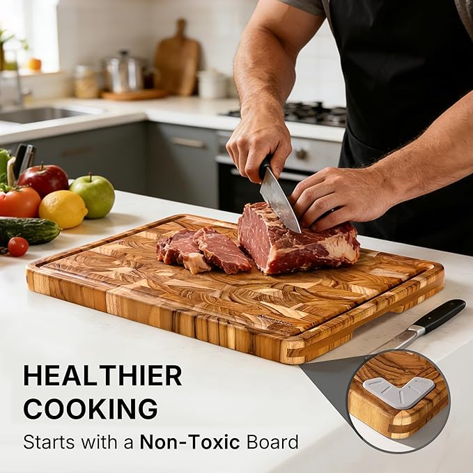 Teak Wood End Grain Cutting Board Set of 2 with Non-slip Feet, Reversible Cutting Boards for Kitchen with Juice Grooves and Handles Non Toxic Chopping Board Butcher Block Serving Tray Kitchen Gift