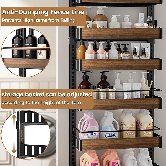 6 Tier Over The Door Pantry Organizer, 2-in-1 Door Hanging or Wall Mounted Spice Rack, Large Heavy Duty Pantry Door Storage Seasoning Shelves with Adjustable Basket for Kitchen Bathroom Closet
