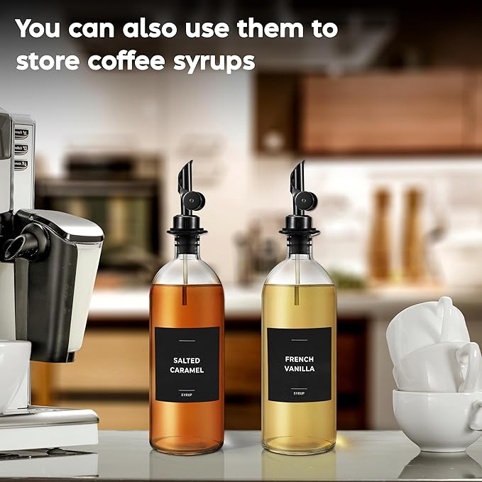 Oil Dispenser for Kitchen - Glass Olive Oil Bottle Set of 2 (16.9oz) with Black Weighted Self-Closing Pourer - Cooking Oil Dispenser with 66 Labels, Aligner & Funnel