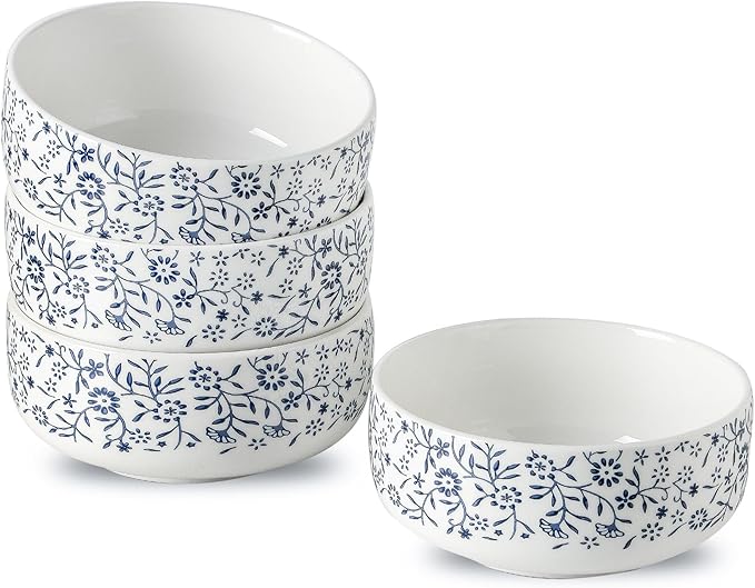Cereal Bowls Set of 4, Large Soup Bowls 22oz, Blue and White Ceramic Serving Bowl for Oatmeal Salad Rice Pho Dinner, Microwave & Dishwasher Safe Bowl, Japanese Style