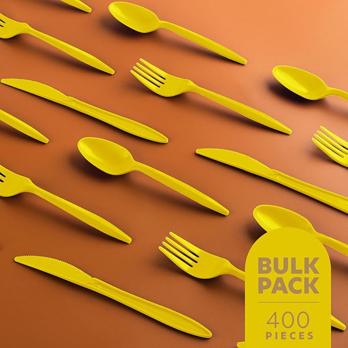PLASTICPRO 400 Pack Disposable Plastic Utensils Assorted Colored Cutlery Combo Set Forks Spoons Knives Silverware, Yellow Plastic Cutlery for Parties