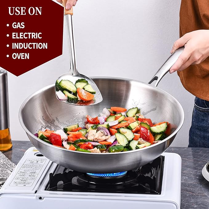 LOLYKITCH 12.5 Inch Tri-Ply Stainless Steel Wok Pan with Lid,Induction Stir-Fry Pan,Dishwasher and Oven Safe,Heavy Duty and Detachable Handle