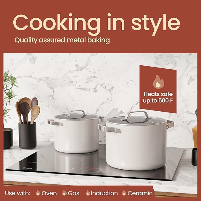 Bakken 3 Quart Ceramic Coated Stock Pot with Lid, Easy to Clean Nonstick Pot, Tempered Glass Lid, Riveted Stainless Steel Handles, Oven Safe Up To 500°F, PTFE & PFAS Free, All Stove Compatible, Cream