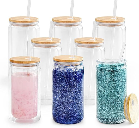 8 Pack Acrylic Snow Globe Tumbler with Bamboo Lids and Straws 16 oz Plastic Snowglobe Tumbler with Pre Drilled Hole Clear Double Wall Snowglobe Cups for Snow Globe Glitter DIY