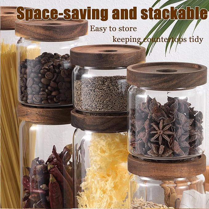 Viovian 10 OZ Glass Jar with Wooden Lid Clear Glass Coffee Storage Jars Airtight Kitchen Food Canister for Sugar Candy Cookie Spice Nuts Tea 300ML