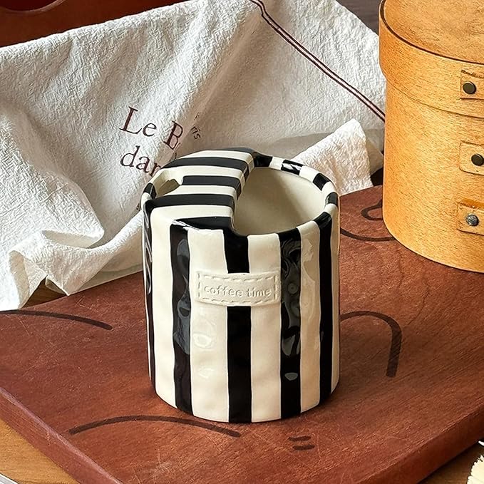 Shelprojsu 10oz Ceramic Coffee Mug,Retro Striped Coffee Cups,with Sip hole Espresso Ceramic Cup,novelty Hand-Painted Striped Travel Mugs-ideal Gift for Coffee Lovers (Brown)