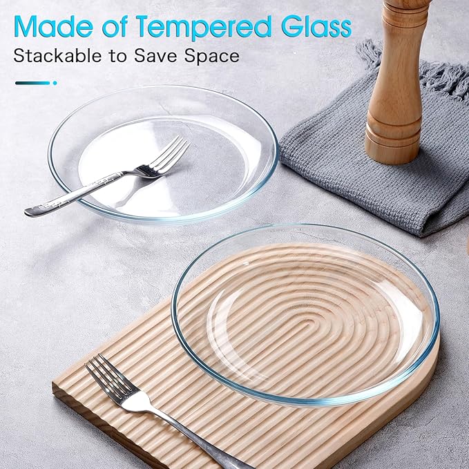 NUTRIUPS 2 Pack 9 inch Glass Plates - with Lipped Edge - Clear Tempered Glass Dinner Plates, Glass Serving Dinnerware for Pasta, Salad, Dishwasher and Microwave Safe