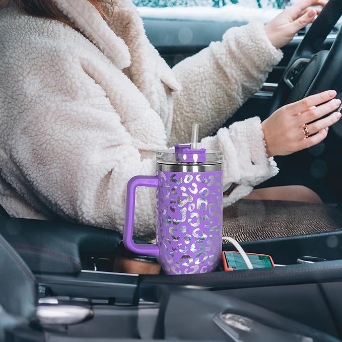 40 oz Tumbler with Handle and Straw, 100% Leak-Proof Travel Mug, Stainless Steel Double Wall Vacuum Insulated Coffee Cup Keeps Cold For 34 Hours, Dishwasher Safe, Purple Leopard