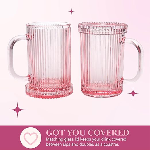 Paris Hilton Ribbed Glass Mug Set with Dual Use Lid/Coaster, Elegant Fluted Glassware, Perfect for Coffee, Tea or any beverage, Set of 2, 13.5-Ounce, Pink