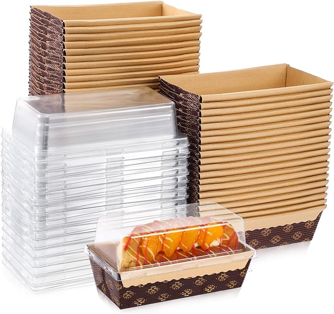 Sabary 50 Pcs Paper Baking Loaf Pan with Lids Disposable Paper Pans Mold for Christmas Winter Birthday Cake Bread Bakery Holiday Gifts(5.91 x 2.48 x 1.94 Inches)