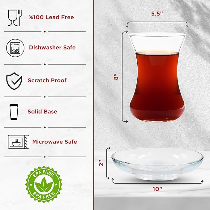 ums Turkish Tea Glass Set, Slim Waist Design and Thick Sole Prevent Tea From Getting Cold, Easy to Keep for 12 People, 12 Saucers, 12 Glasses, Useful Set (24 Pieces)
