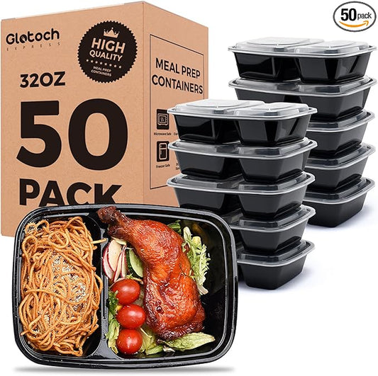 50 Pack (100-Piece) 32 oz Sturdy Leakproof 2-Compartment Meal Prep Containers with Lids, Plastic Food Storage Containers for Lunch, Microwave, Freezer, and Dishwasher Safe Takeout Containers