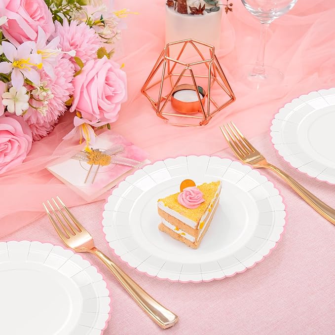 30 Pcs Pink and White Paper Plates, 9 Inch White Party Plates, Pink Scalloped Dinner Paper Plates Wedding Plates Party Supplies for Baby Girl Shower, Wedding, Mother's Day, Birthday, Easter Party