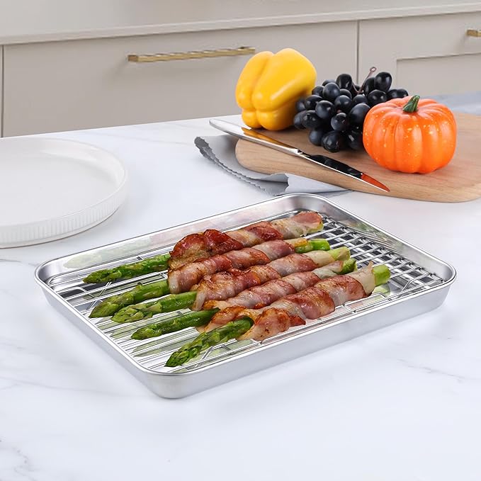 Homikit Baking Sheet with Wire Rack (1 Pan + 1 Rack), 10.5 x 8 Inches Stainless Steel Small Baking Pan with Cooling Rack, Metal Cookie Sheets Bacon Tray for Toaster Oven, Rust Free & Dishwasher Safe