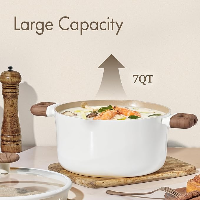 CAROTE Stock Pot with Lid, 7Quart Ceramic Soup Pot Non Toxic, Nonstick Cooking Pot for Pasta, Induction Ready, Even Heating, Dishwasher Safe, White