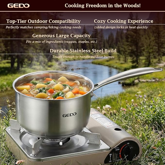 GEDO Food-Grade 316L Stainless Steel Sauce Pan with Glass Lid, 3-Ply Integrated Body Uncoated Cooking Pot, Universal for Induction Gas Ceramic Stovetops, Multi-Purpose Kitchen Cookware (2, Quarts)
