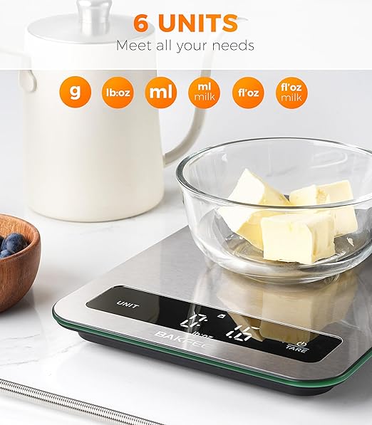 Food Scale, IP67 100% Waterproof Kitchen Scale, Type-C Rechargeable, 0.1oz/1g, 22lb/10kg, Tempered Glass & Stainless Steel Surface, Larger & Full-View Display, with 6 Units, Tare, Black