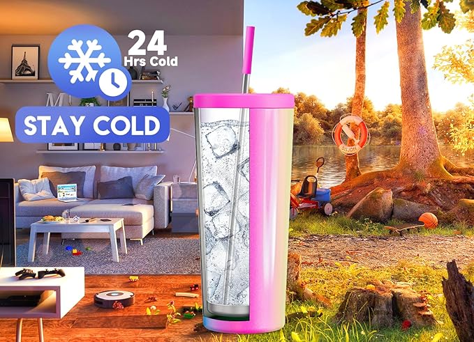 Meoky 24 oz Insulated Tumbler with Lid and Straw, Stainless Steel Vacuum Insulated Tumbler, Keeps Cold for 24 Hours, 100% Leak Proof, Fits in Car Cup Holder (Carnival)