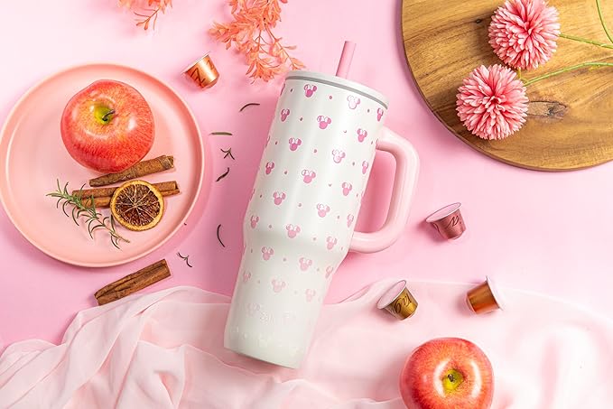 Zak Designs Disney Sutton Travel Tumbler for On the Go or At Home, 40oz Stainless Steel with Vacuum Insulation, Silicone Straw, Carry Handle, and 3D Artwork for Cold Drinks (Minnie Mouse)