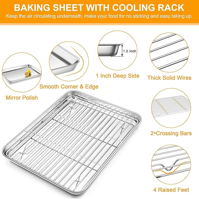 Homikit Baking Half Sheet with Rack (1 Pan + 1 Rack), 18" x 13" Stainless Steel Cookie Sheets for Baking, Metal Bacon Tray with Wire Cooling Rack for Oven Cooking Roasting, Nonstick& Dishwasher Safe