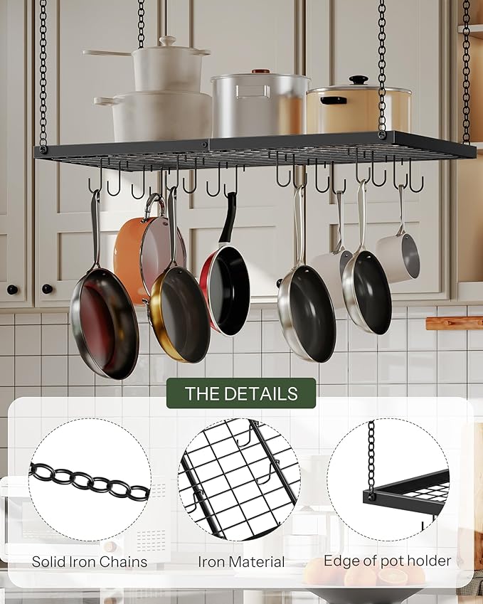 Hanging Pot Rack, Ceiling Mounted Pot Hanger for Kitchen, Metal Cookware Storage Organizer with 12 Hooks, for Storage of Cookware, Utensils in Kitchen, Black TPR31BB