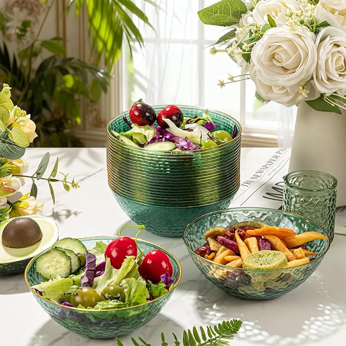 I00000 50 Pack 12 Ounce Clear Green Plastic Bowls Serving Bowls Hammered with Gold Rimmed, Heavy Duty Disposable Bowl Set,Small Bowls for Party Picnic