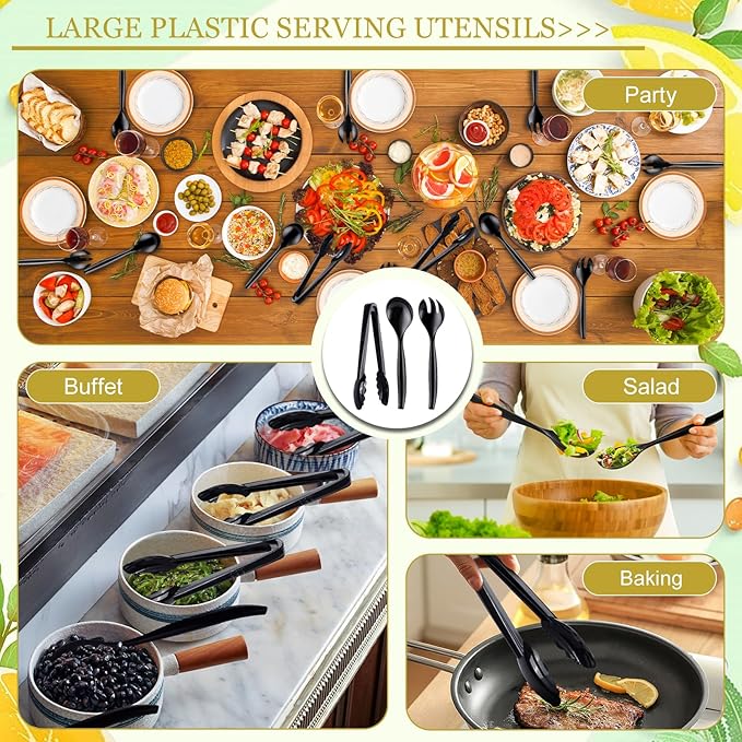 Mwellewm 18Pcs Serving Utensils, 10'' Plastic Serving Utensils Set, Disposable Serving Spoons for Buffet, Large Serving Tongs for Food, Heavy Duty Party Supplies for Salad Soup Cooking Catering(Black)