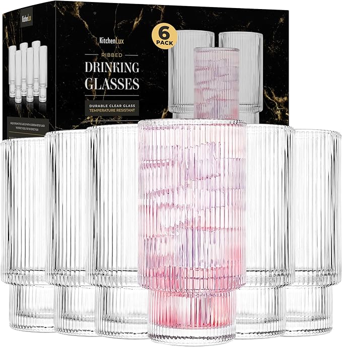 Ribbed Drinking Glasses - Ribbed Glass Cups 12 oz - Ribbed Glassware Set of 6 - Textured Vintage Retro Ripple Aesthetic Glass Ware for Whiskey Cocktail Beer Water, Coffee Bar Accessories