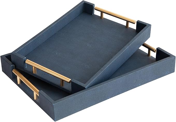 Modern Decorative Tray Set of 2, Blue Shagreen Leather Tray, Rectangle Serving Trays with Gold Polished Metal Handles, Ottoman Trays Coffee Table Perfume Kitchen Home Decor