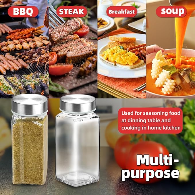 4Pcs 4oz Glass Spice Jars with Shaker Lids, Spice Jars Trial Set & Supplement Set, Empty Spice Containers and Square Spice Bottles for Kitchen (304 Stainless steel Lids)