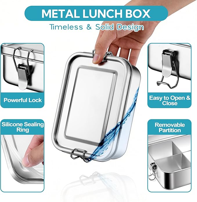 E-far Stainless Steel Lunch Box, 49oz Metal Bento Box Lunchbox w/Leak Proof Lid, 1400ml Medium Food Container w/Removable Divider & Bag, Reusable 3-Compartment Bento Lunch Container for Camping Picnic