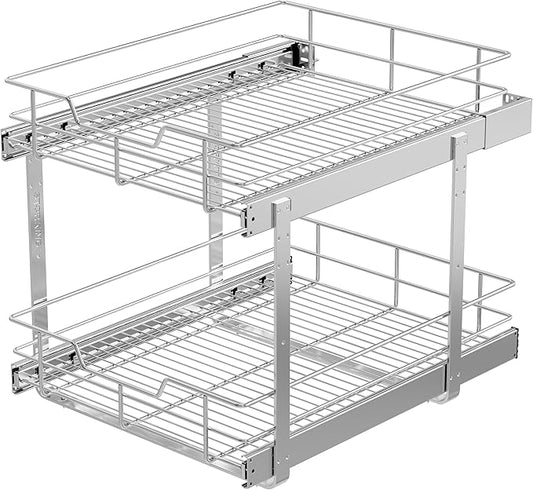 2 Tier Pull Out Cabinet Organizer 18" W X 22" D, Slide Out Drawers For Kitchen Cabinets, Pull Out Drawers For Cabinets Capacity Heavy Duty Caddy, Cabinet Pullout Shelves Chrome-Plated,Bathroom Pantry