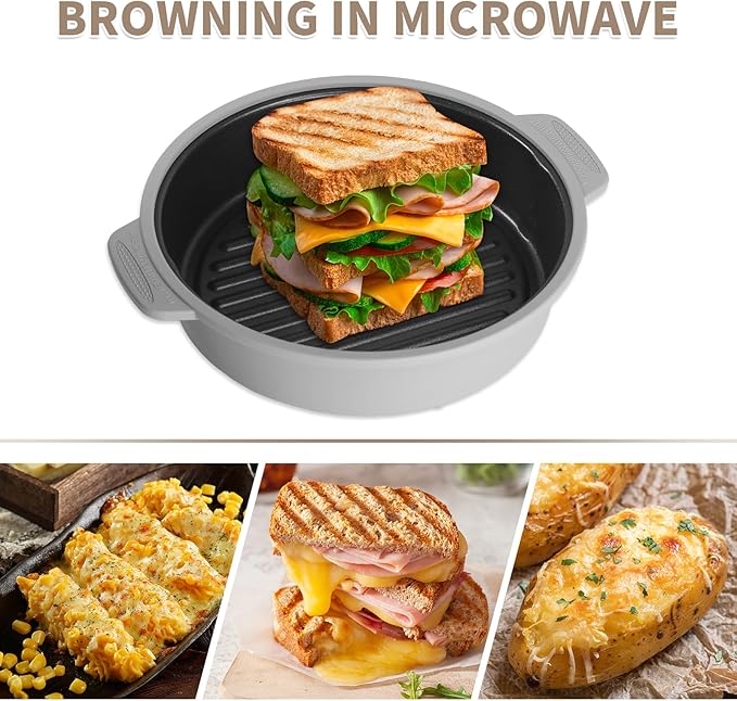 Microwave Grill Pan, Fry Griddle Crisper Pan with Lid for Grilling Browning and Crisping Foods Microwave Silicone Cookware for Baked Potato Meat Sandwich Vegetable Blue