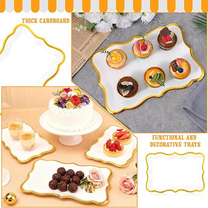 40 Pcs White and Gold Rim Cardboard Serving Trays, 9" x 13" Disposable Serving Trays and Platters Cupcake Platter Rectangle Gold Servings Tray for Fruit Dessert Cookies Birthday Party Wedding
