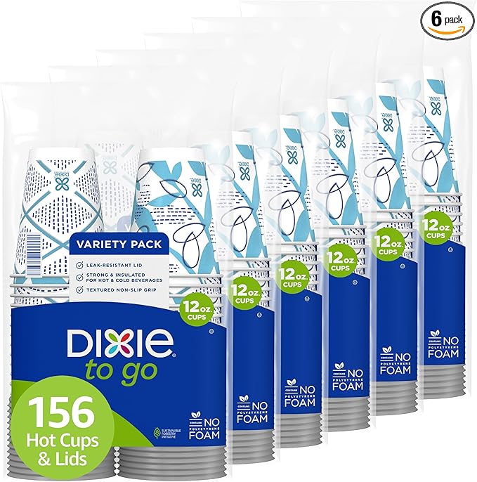 Dixie To Go Paper Coffee Cups With Lids, 12 oz, 156 Count (6 packs of 26 cups), Disposable Insulated Paper Cups for On-The-Go Hot or Cold Beverages